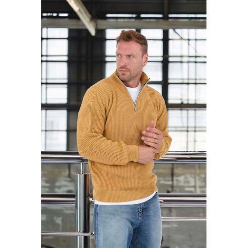 Oversize Selanik Örgü Yarım Fermuar Erkek Triko Kazak - Hardal