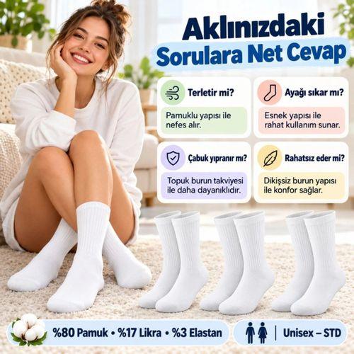 Unisex Beyaz Soket Çorap %80 Pamuk 12'li Set Dikişsiz Burun Takviyeli Esnek Günlük Spor Çorabı Rahat