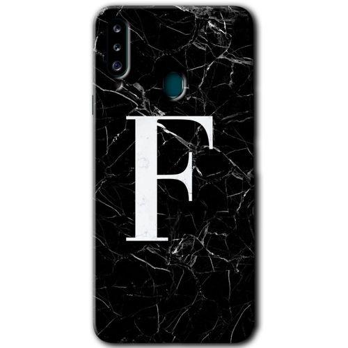 MRCİLETİSİM Samsung Galaxy A20s Kılıf Baskılı Kapak - Siyah Mermer Desenli F Harfi +Tam Kaplayan Mat Seramik