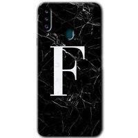 MRCİLETİSİM Samsung Galaxy A20s Kılıf Baskılı Kapak - Siyah Mermer Desenli F Harfi +Tam Kaplayan Mat Seramik