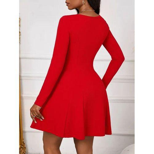 Kadın Uzun Kollu Kare Yakalı Mini Ithal Krep Elbise