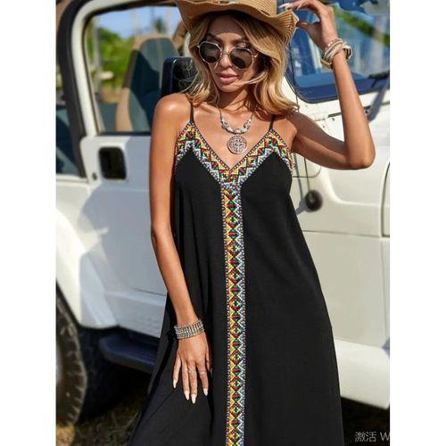 Kadın Askılı V Yakalı Etnik şerit Detaylı Uzun Viskon Elbise