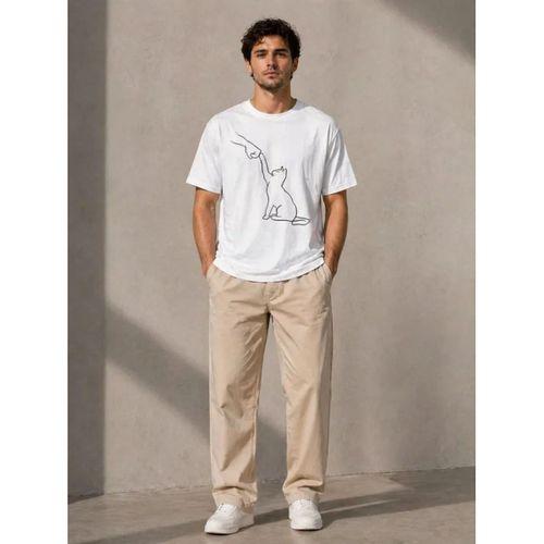 Erkek Minimal Kedi Çizim Baskılı Tişört Kısa Kol Yazlık T-Shirt - Beyaz