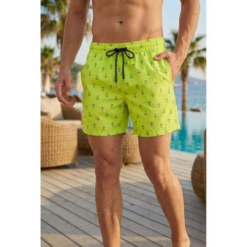 Erkek Deniz Şortu Fermuarlı Cepli File Astarlı Hızlı Kuruyan Premium - Neon Yeşili
