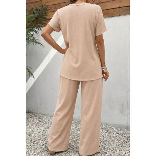 Kadın Kısa Kollu Bisiklet Yaka Asimetrik Kesim Detaylı Bürümcük Bluz Ve Pantolon Ikili Takım