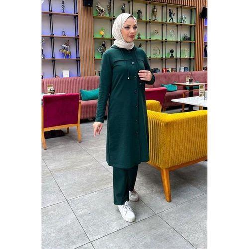 Kapşonlu Düğmeli Sade Basic Uzun Tunik ve Pantolon İkili Spor Takım - 03072.021 - Nefti