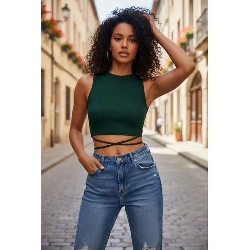 Kadın Yeşil Modern Fit Çapraz Bağlamalı Crop Top Büstiyer