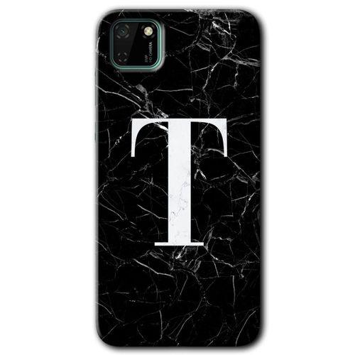 MRCİLETİSİM Huawei Y5P Kılıf HD Desen Baskılı Arka Kapak + Temperli Cam - Siyah Mermer Desenli T Harfi