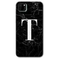 MRCİLETİSİM Huawei Y5P Kılıf HD Desen Baskılı Arka Kapak + Temperli Cam - Siyah Mermer Desenli T Harfi