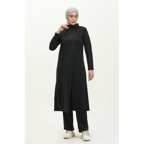 Kruvaze Balıkçı Yaka Sade Basic Uzun Tunik Panolon İkili Takım - 03043.003 - Siyah