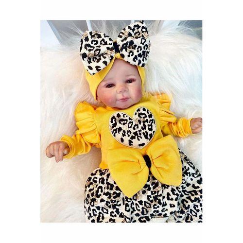 Fiyonklu Leopar Desenli % 100 Pamuk Kız Bebek Takım