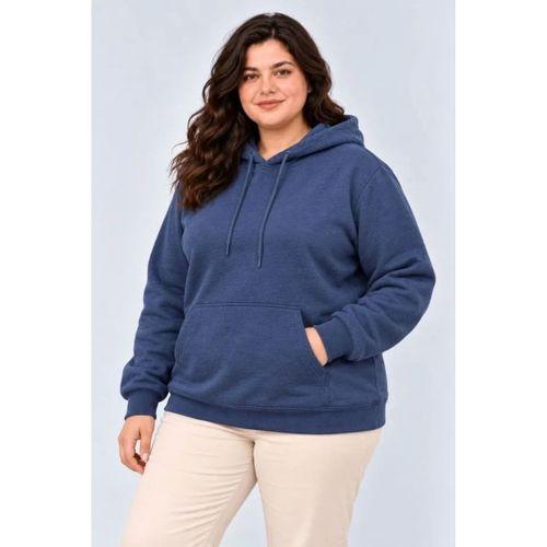 Battal Büyük Beden Üç İplik İçi Şardonlu Kapüşonlu Kanguru Cepli Kışlık Sweatshirt - Lacivert