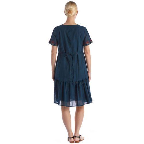 Kısa Kol Petrol Bağcıklı V Yaka Nakışlı Yazlık Vual Kısa Elbise