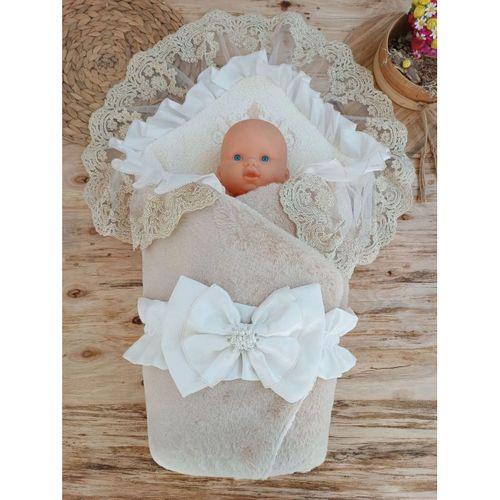 Yenidoğan Wool Yün Kumaş Taç Nakışlı Güpür Duvaklı Fiyonk Prizma Taş Unisex Kundak Bebek Battaniyesi Bej