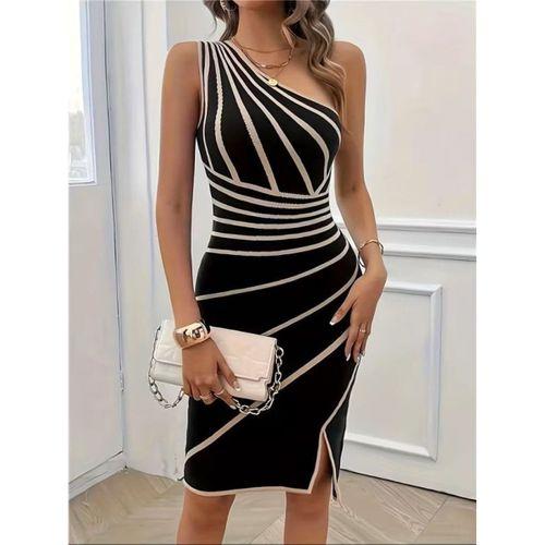 Kadın Tek Omuzdan Askılı Yandan Yırtmaçlı Midi Triko Elbise