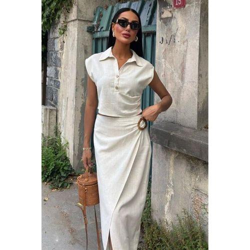 Bluzu Büzgülü Ve Eteği Tokalı Keten Takım 10204