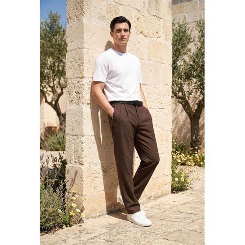 Baruchel Pileli Baggy Kalıp Kumaş Erkek Pantolon - Kahve