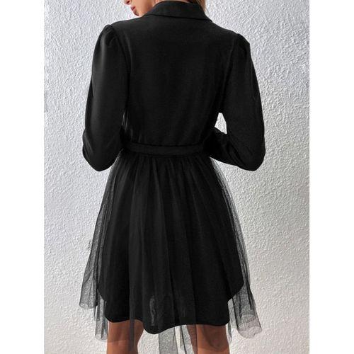 Kadın Uzun Kollu Yakalı Belinde Kemer Detaylı Mini Tüllü Ithal Krep Elbise