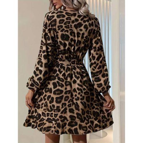 Kadın Uzun Kollu Kruvaze Yaka Belden Kuşaklı çapraz Kesim Detaylı Leopar Modal Mini Elbise