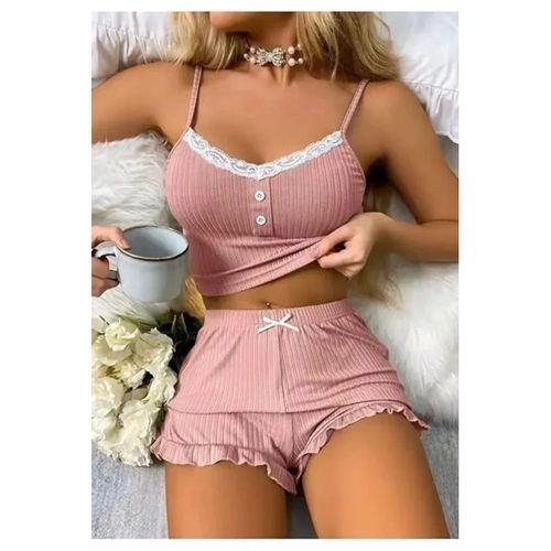 Kadın Pudra Dantel Detaylı Şortlu Gecelik Pijama Takımı Şık Rahat 2’li Set