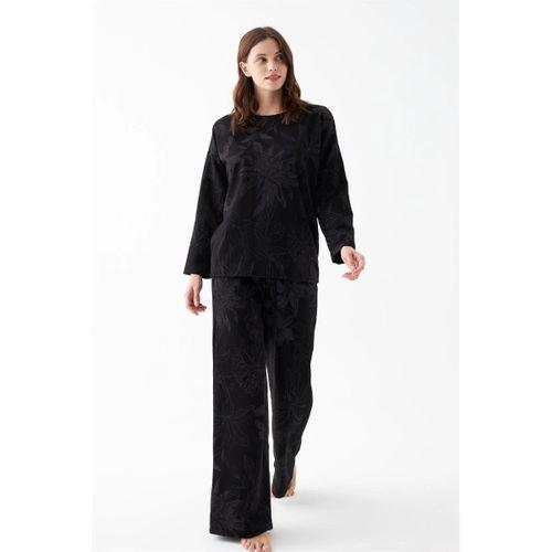 Kadın Oversize Siyah Çiçek Desenli Pamuklu Kalın Pijama Takımı