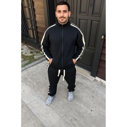 Erkek Çift Şeritli Eşofman Takım Dik Yaka Fermuarlı Sweatshirt Boru Paça Alt, Oversize 3 Iplik Pamuklu - Siyah