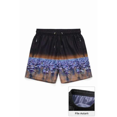 Erkek Deniz Şortu Fermuarlı Cepli File Astarlı Hızlı Kuruyan Premium - Siyah