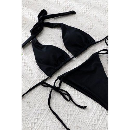 Kadın Siyah Yandan Bağlamalı Tangalı Üçgen Bikini Mayo Takımı