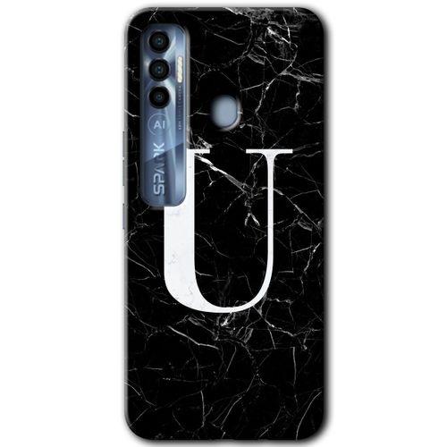 Tecno Spark 7 Pro Kılıf HD Desen Baskılı Arka Kapak - Siyah Mermer Desenli U Harfi + Kırılmaz Cam