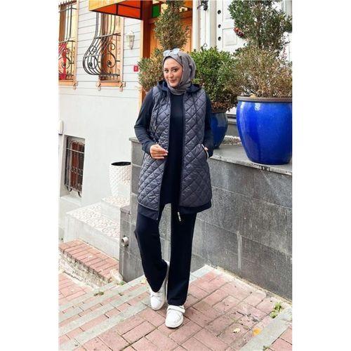 Fermuarlı Sim Şerit Detaylı Cep Kapşonlu Büyük Beden Kapitone Üçlü Takım - 12023.015 - Lacivert