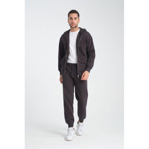 İçi Peluş Üç İplik Kumaş Oversize Fermuarlı Kapüşonlu Sweatshirt - Füme