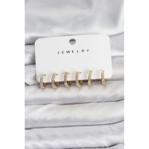 Gold Renk Pirinç Zirkon Taşlı Halka Kadın Küpe Seti