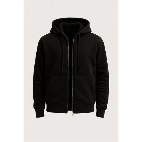 İçi Peluş Üç İplik Kumaş Oversize Fermuarlı Kapüşonlu Sweatshirt- Siyah