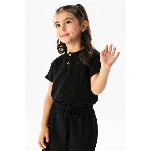 Kısa Kol Batı Yazlık Müslin Kız Çocuk Tshirt Siyah Syh