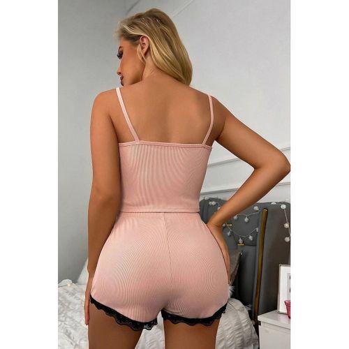 Kadın Pembe Özel Tasarım Alt Üst Dantel Detaylı Şortlu Gecelik Takımı Şık Gece Giyim