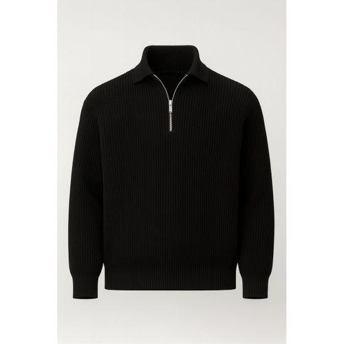 Gibson Oversize Yarım Fermuar Gömlek Polo Yaka Selanik Örme Erkek Triko Kazak - Siyah