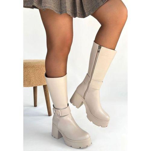 Moki Bej Cilt Topuklu Çizme