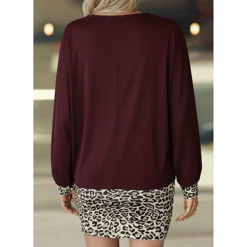 Kadın Uzun Kollu Bisiklet Yaka üst Viskon Iki Iplik Alt Leopar Desenli Mini Elbise
