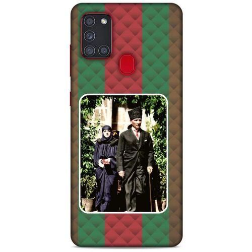 Samsung Galaxy A21s Kılıf Atatürk (22) Tam Koruma Kılıfı Yeşil Kırmızı