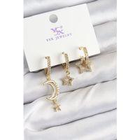 Pirinç Zİrkon Taşlı Ay Ve Hilal Model Gold Renk 3'lü Kadın Küpe