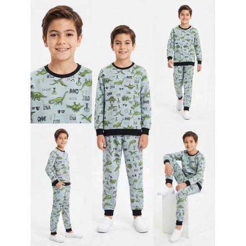 4/10 Yaş Dino Baskılı Pamuk Penye Çocuk Pijama Takımı