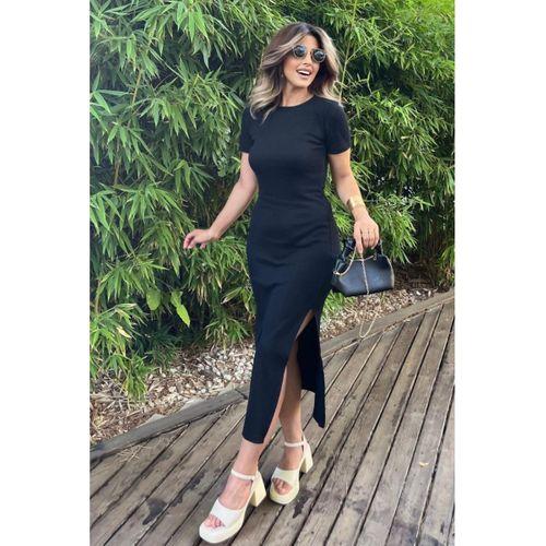 Lucky Life Kadın Kısa Kollu Bisiklet Yaka Yırtmaç Detay Fitilli Kaşkorse Tam Boy Elbise