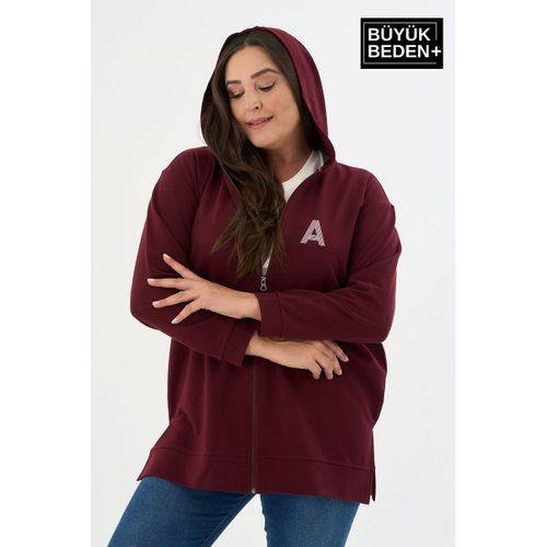 Kadın Tunik Büyük Beden A Baskılı Fermuarlı Kapşonlu Sweat Hırka SPR26BTK955-1