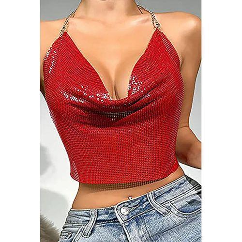 Kristal Kırmızı Taşlı Parlak Crop & Bluz Kolsuz Kayık Yaka Parti Plaj Büstiyer