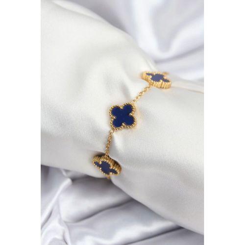 316L Çelik Zincir Gold Renk Lacivert Yonca Kadın Bileklik