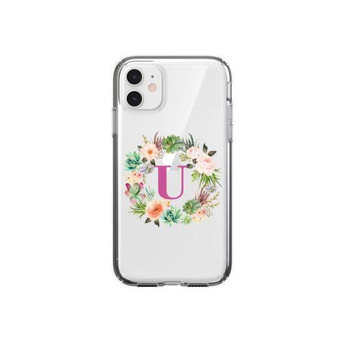 Mor Çiçekli U Harfli Şeffaf iPhone 11  Telefon Kılıfı