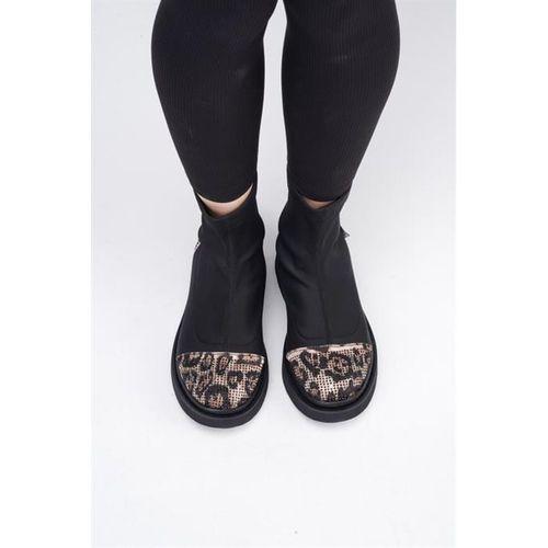 Afron Siyah Renkli Leopar Deri Detaylı Taşlı Kışlık Kadın Bot