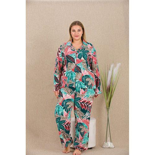 Büyük Beden Renkli Yaprak Desenli Düğmeli Uzun Kol Viskon Pijama Takımı