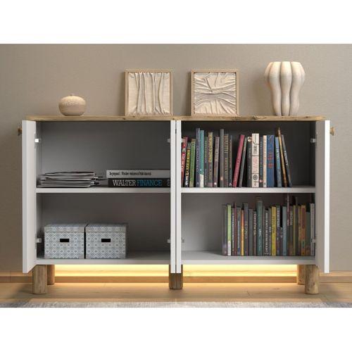 Nora Bohem Ledli Kahve Köşesi Dolabı Konsol Çok Amaçlı Dolap Mutfak Dolabı 120 Cm 4 Kapaklı  Atlantik Çam / Beyaz