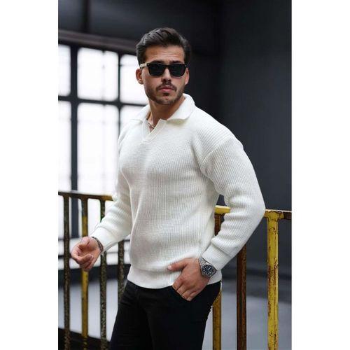 Oversize Gömlek Polo Yaka Selanik Örgülü Erkek Triko Kazak - Ekru